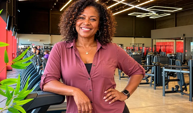 Franqueada sorrindo dentro de uma unidade Corpo e Saúde